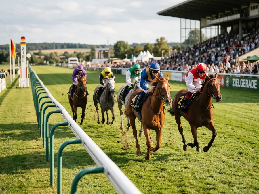 Galopprennen mit Jockeys auf der Zielgeraden einer deutschen Rennbahn